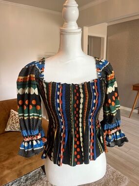 Anthropologie smocked geometric top
